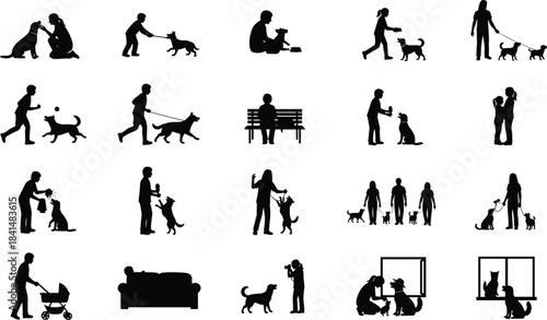 PrintHuman dog interaction silhouettes, pet care, walking, feeding, playing, companionship, black vector, animal bond, training, joyful activity, grid layout