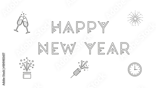 A festive illustration of Happy New Year 2026 with Christmas decorations and fireworks on a white background, conveying a joyful mood with gray tones.