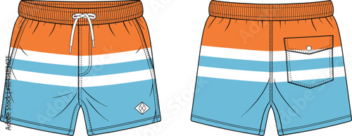 Colorful men’s swim shorts technical flat sketch showing front and back views with waistband, stripes, pocket details, and design elements for apparel illustration