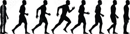 Human motion silhouettes, walking to running, black vector, stride sequence, white background, dynamic movement, biomechanics, sports science, animation reference