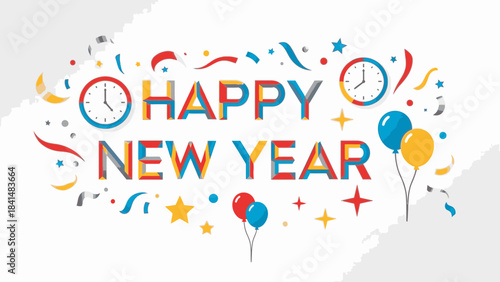 Colorful graphic design celebrating Happy New Year 2026 with festive elements on a white background.