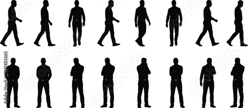 Human movement silhouettes, walking and standing poses, black vector figure, posture icons, gesture design, side view, front view, motionPrint