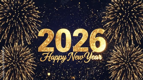Golden fireworks and new year 2026 text on a dark background