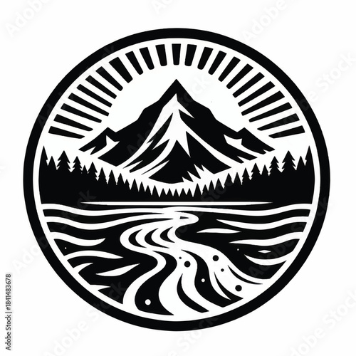 Mountain River Landscape Logo Design Black and White.