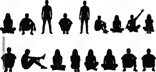 PrintHuman posture silhouettes, seated and standing poses, gesture study, black vector, body language, casual stance, design reference, figure grid, minimal style
