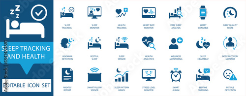 Sleep Tracking and Health Editable Icon Set. Covers monitoring, analysis, insomnia, recovery, smart wearables, and stress levels. Essential for wellness apps and tech.