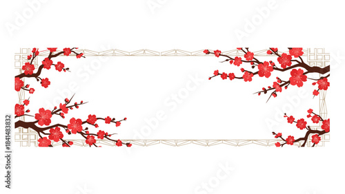 Vibrant red cherry blossom branches with flowers and leaves on decorative gold border for elegant design