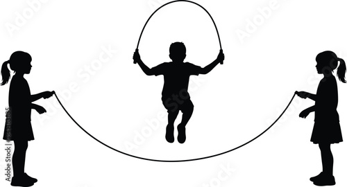PrintJump rope silhouette, children playing, teamwork, double dutch, physical activity, black vector, joyful pose, coordination, outdoor fun, childhood motion