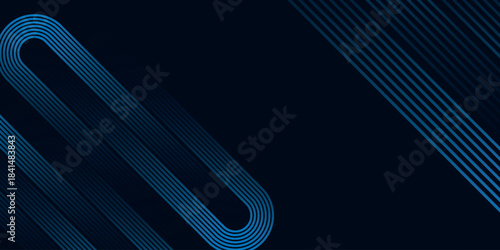 Abstract dark blue background with glowing blue geometric lines decoration. Modern curved diagonal lines pattern for cover, banner, brochure, presentation, certificate, and website. EPS. 2