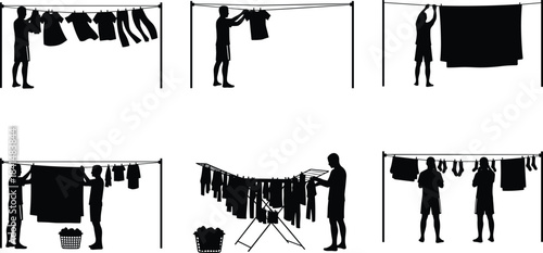 Laundry silhouettes, domestic chore, black vector, clothesline, drying rack, hanging clothes, white background, household activity, fabric handling, everyday routine