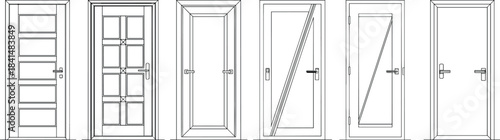 Collection of interior door technical drawings showing various modern door designs with frames, handles, and panel styles for architecture, construction, and design projects