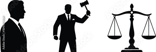 PrintLegal silhouette illustration, judge with gavel, justice scale and lawyer figures, black vector graphic for law and courtroom themes