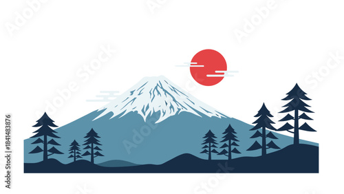Vector illustration of a mountain landscape with trees and a red sun on a