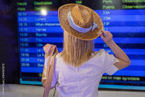 A female traveler in a summer hat looks at a flight schedule, preparing for an upcoming trip in an airport terminal. Flight planning