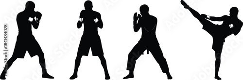 Martial arts silhouettes, combat sports, black vector, boxing stance, high kick, gloves, white background, fighting pose, athletic motion, discipline
