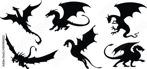 Collection of six dragon silhouettes, flying and roaring poses, mythical fantasy creatures, winged beasts, dynamic stances, legendary monster art illustration