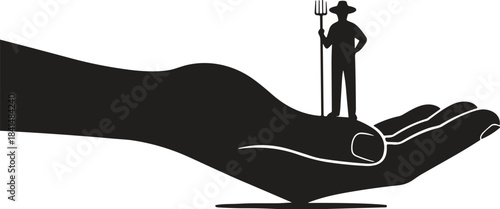 Conceptual silhouette showing a tiny farmer holding a pitchfork and standing securely on a giant open hand, symbolizing the critical support and protection for agriculture and food production.