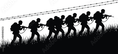 PrMilitary silhouette illustration, soldiers walking through barbed wire terrain, tactical patrol scene, black vector graphic of combat operationint
