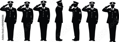 PrintMilitary salute silhouette set, soldiers in uniform, patriotic respect gesture, black vector illustration for army ceremony and honor themes