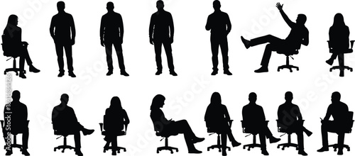 PrintOffice chair silhouette, seated and standing poses, gesture study, black vector, posture variation, body language, ergonomic design, figure grid