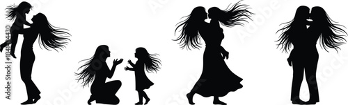 PrintMother and child silhouette, emotional bond, loving interaction, family moment, black figures, white background, embrace, play, kiss, affection, connection