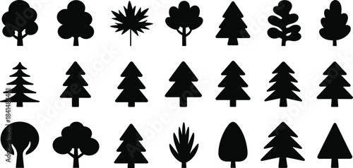 Extensive set of twenty stylized black tree and leaf silhouettes, including deciduous, pine, and maple shapes, symbolizing forest, nature, environment, ecology, and graphic design elements.