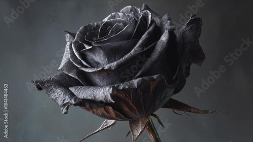 A single, elegant black rose with intricate details, showcasing its velvety petals and striking beauty