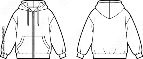 Vector hoodie template with front and back views, featuring zipper detail, kangaroo pocket, drawstring hood, casual sweatshirt design for fashion projects.