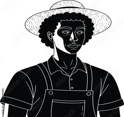 Farm worker silhouette, straw hat sketch, rural life illustration, black and white agricultural figure, minimalist country character art