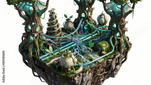Isometric Futuristic Fantasy Island with Glowing Trees and Sci-Fi Architecture - Sustainable Technology Concept