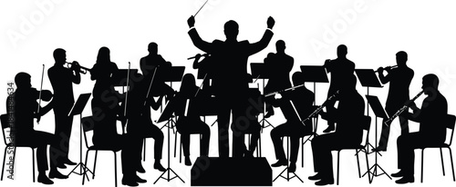 POrchestra silhouette illustration, conductor and musicians performing, classical music ensemble, black vector graphic for concert and symphony themesrint