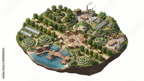 Sustainable Living Isometric Map: Eco-Friendly Community with Greenhouses, Farms, and Renewable Energy