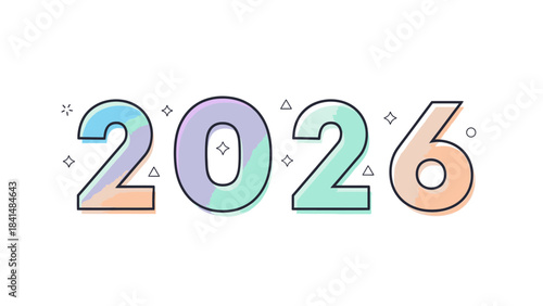 Colorful illustration of '2026' with pastel hues and decorative triangles on a white background, celebrating Happy New Year 2026 and Christmas Dat.