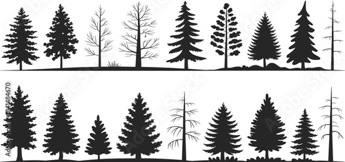 Individual pine tree and dead wood silhouette set, black vector forest collection, leafless and evergreen nature landscape elements.