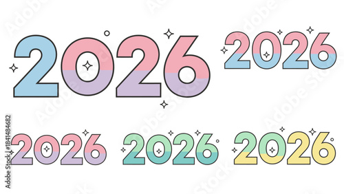 Colorful illustration of the year 2026 in various pastel colors and fonts with sparkles on a white background, symbolizing Happy New Year 2026 and Christmas Dat celebrations.