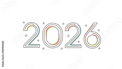 Colorful illustration of '2026' with rainbow outlines and sparkles on a white background, celebrating Happy New Year 2026 and Christmas Dat.