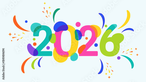 Colorful graphic design celebrating Happy New Year 2026 with vibrant confetti and swirls on a light blue background, perfect for Christmas Dat and New Year's festivities.