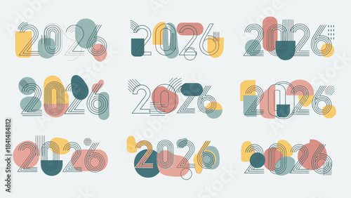 Colorful illustration of Christmas dates and Happy New Year 2026 with abstract shapes in a modern flat lay design on a light background.