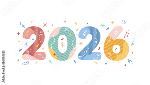 Colorful illustration of 2026 with festive confetti and decorations on a white background, celebrating Happy New Year and Christmas Dat.