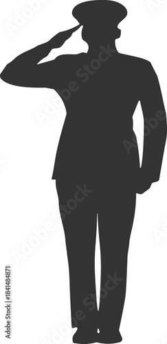 Military soldier silhouette saluting in uniform with peaked cap, respect discipline service illustration, army personnel vector art isolated background