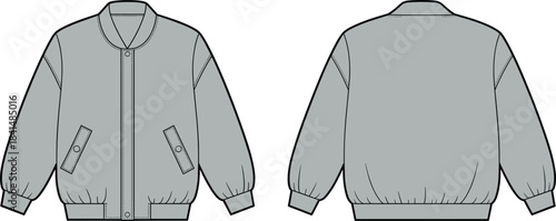 Bomber jacket technical flat sketch featuring front and back views, snap-button placket, angled pockets, ribbed cuffs and hem, fashion apparel design template