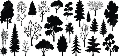 Mixed tree silhouette vector collection, black pine oak and bare wood icons, isolated forest nature elements for landscape design.