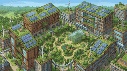 Isometric sustainable city illustration with solar panels, green roofs, wind turbines and elevated transit system, depicting eco-friendly urban development