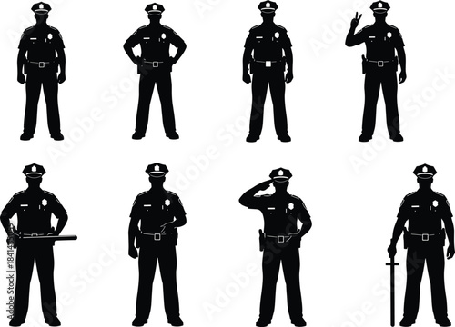 PriPolice officer silhouettes, uniform poses, law enforcement, baton gesture, peace sign, salute, standing posture, authority figure, security personnel, illustrationnt