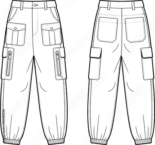 Cargo jogger pants technical flat sketch featuring front and back views, flap pockets, zipper pockets, elastic cuffs, detailed fashion design template