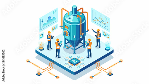 Isometric AI-Powered Industrial Manufacturing: Engineers Overseeing Automated Production, Data Analysis, and Digital Transformation