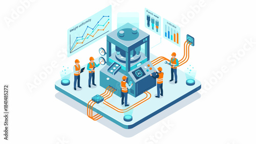 Isometric AI-Powered Manufacturing Process: Engineers Overseeing Automated Production Line with Data Visualization, Modern Factory Setting