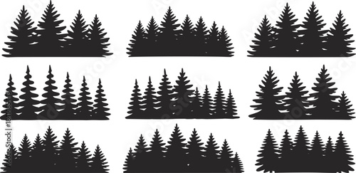 Pine tree forest silhouette vector set, black evergreen nature landscape collection, fir woods horizon illustration, spruce trees isolated design elements.