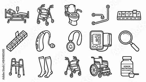 Isometric line art icons of senior care equipment - mobility aids, medical devices, and daily living assistance tools