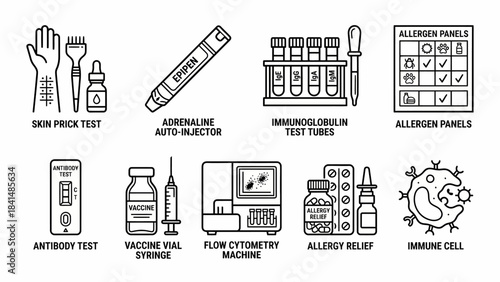 Allergy Testing & Relief Icons: Skin Prick, Epipen, Vaccine - Isometric Medical Vector Set